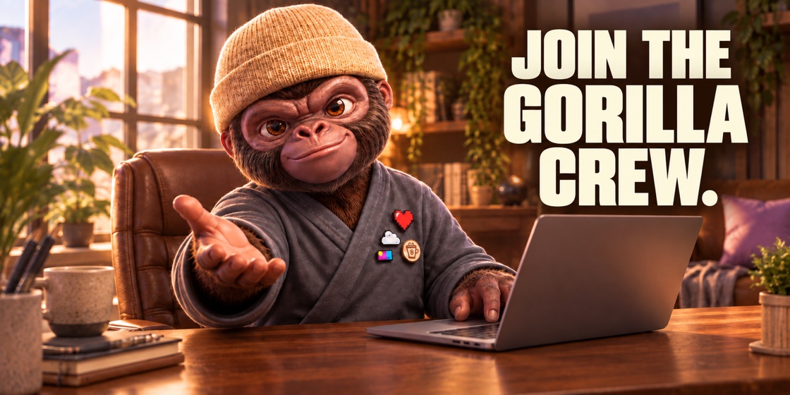 Join the Gorilla crew. The Ads Gorilla mascot welcomes you to the team from a warm studio workstation.